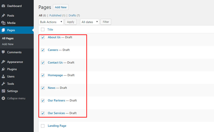 How to bulk publish wordpress pages 1