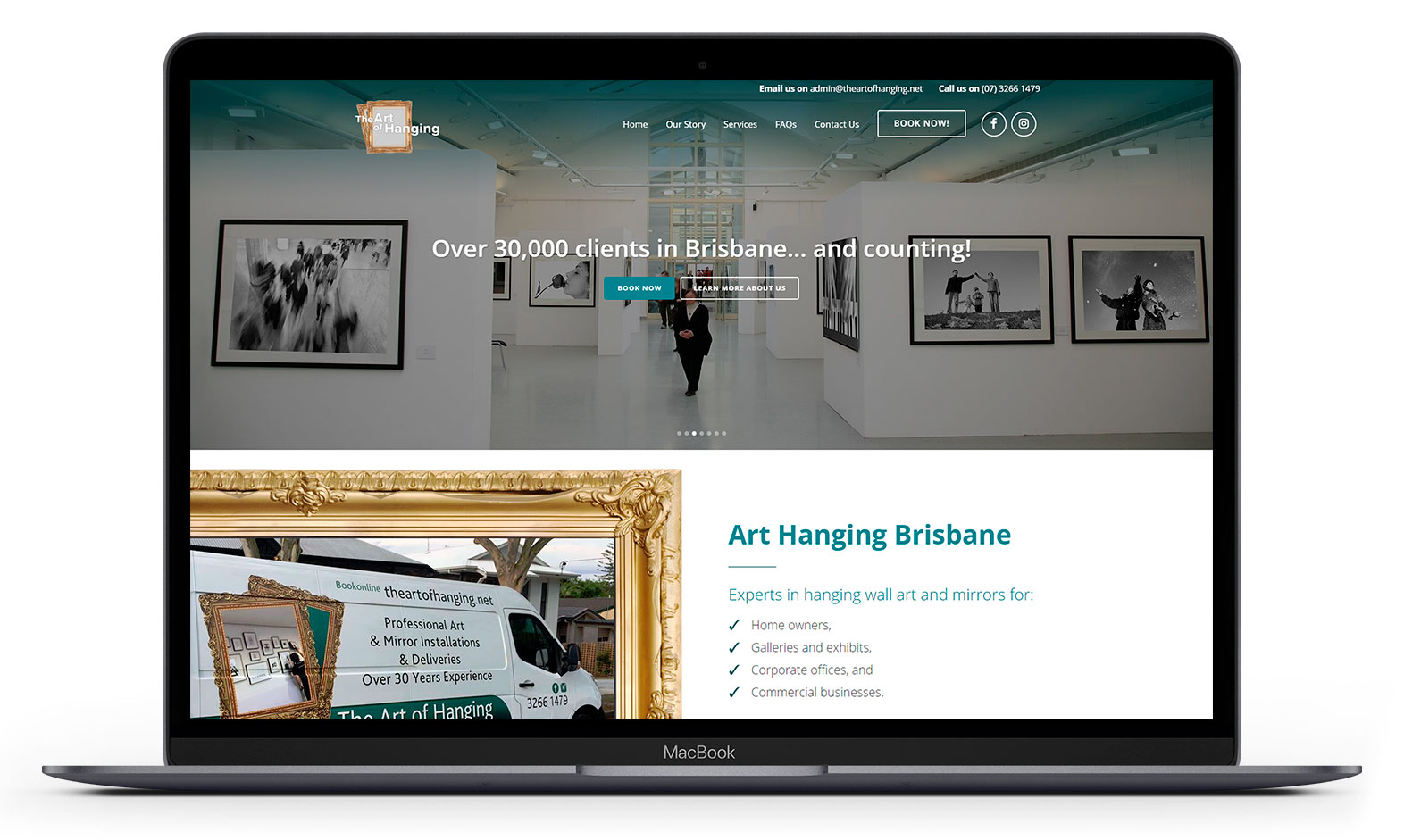 Art of hanging's website design displayed responsive devices