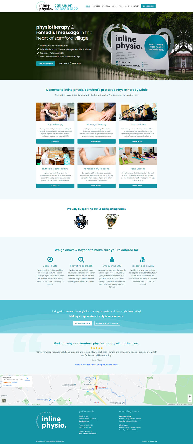Inline physio's website design of the homepage