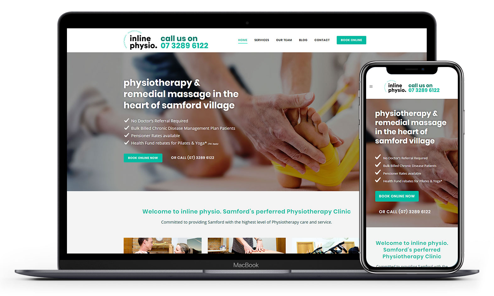 Inline physio's website design displayed responsive devices