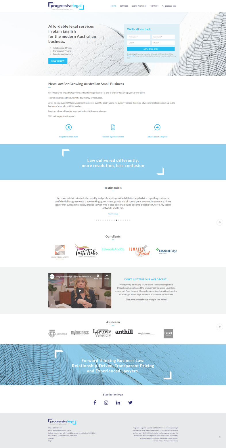 Progressive legal's website design of the homepage