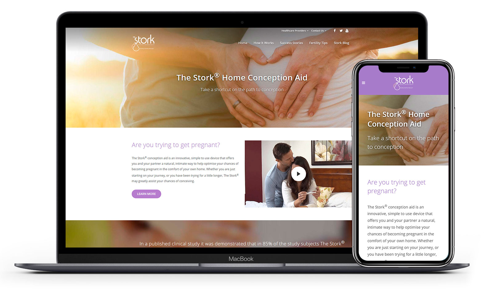 Stork contraception aid's website design displayed responsive devices