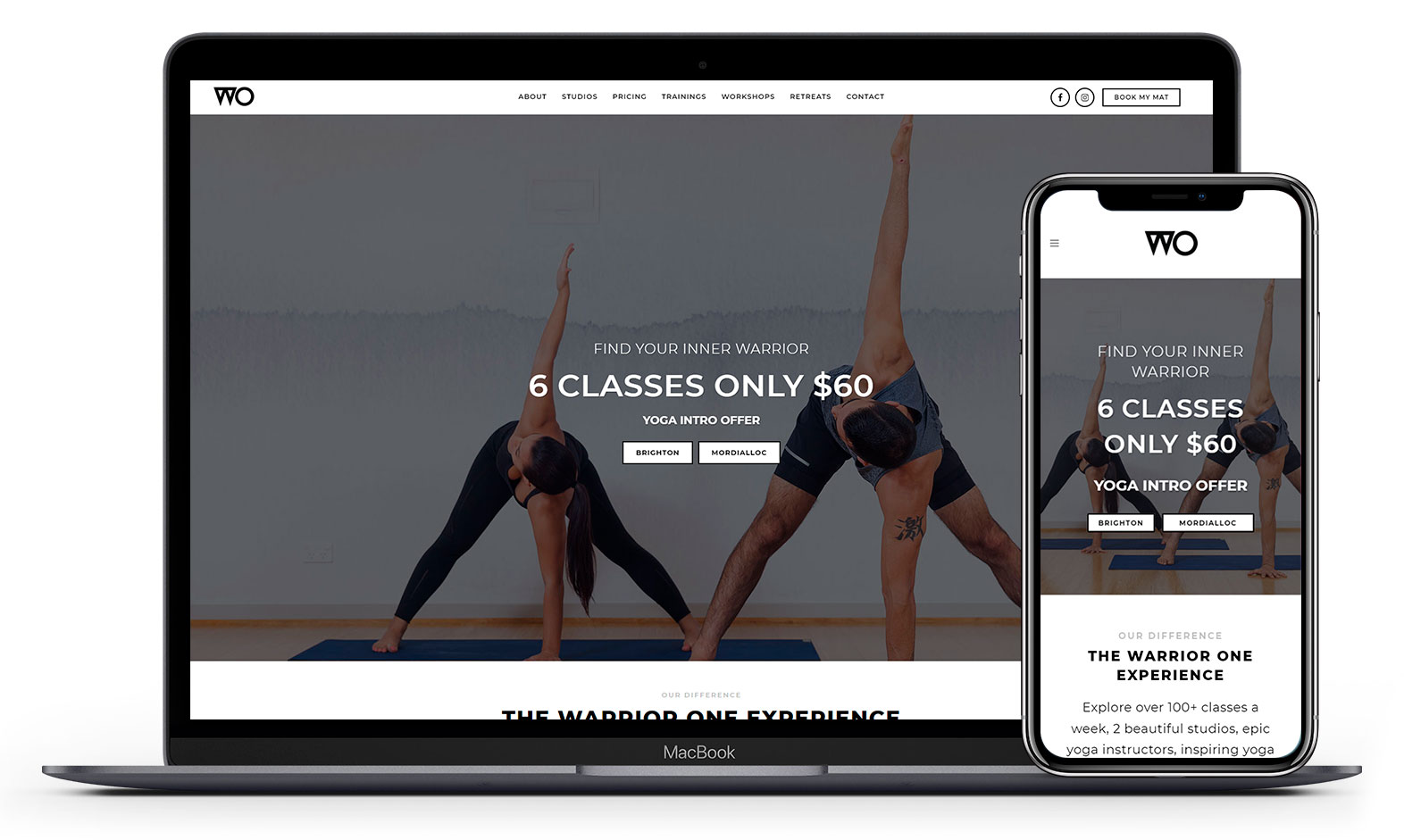 Warrior one yoga's website design displayed responsive devices